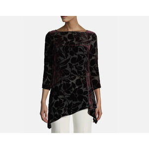 St John Blouse Velvet Floral Burnout Asymmetric Top Purple Sheer Artsy Size 12